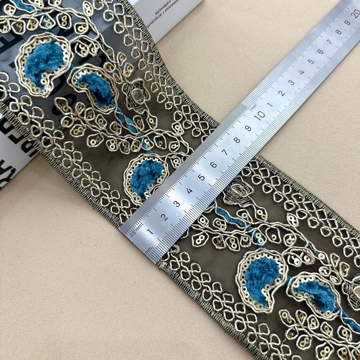 10 Yards 8CM Wide Ethnic Sequin Embroidery Lace Trim Lake Blue