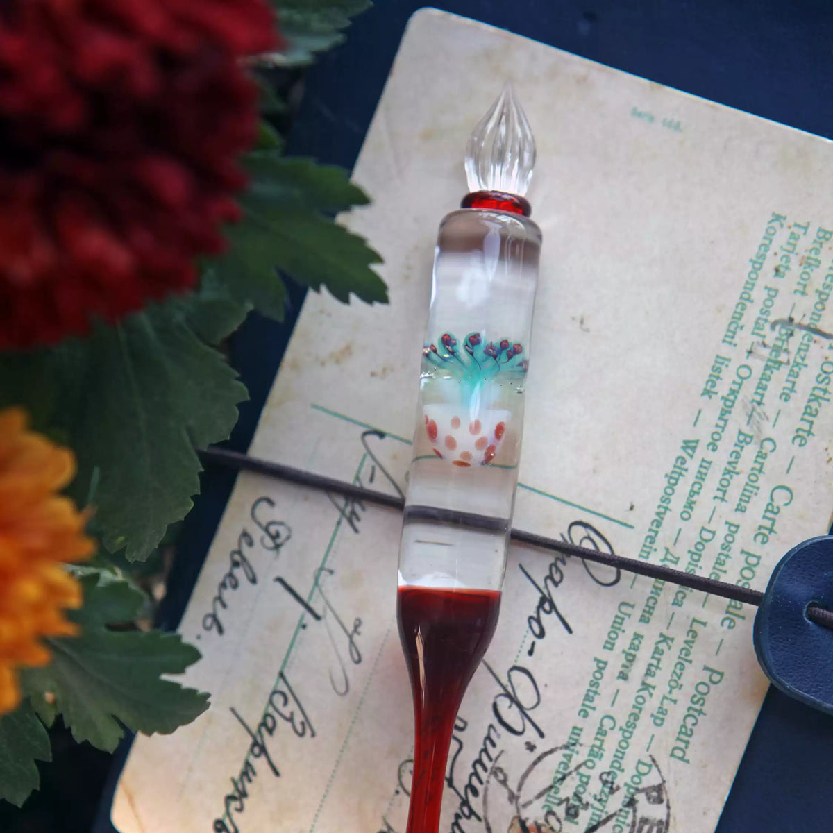 Burgundy Jellyfish Glass Dip Pen – Deep Wine Red Art Glass Nib Pen for Ink Swatching & Calligraphy