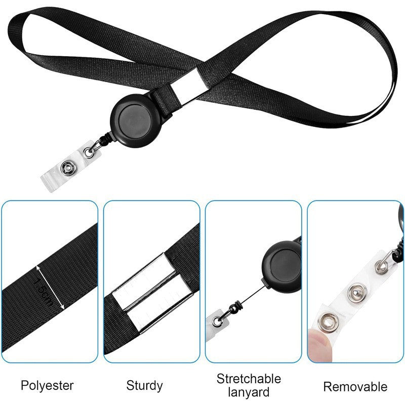 Black PU Leather ID Card Holder Set of 6 | Work Badge & Access Card Sleeve with Lanyard & Retractable Clip — Horizontal or Vertical