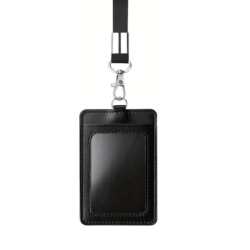 Black PU Leather ID Card Holder Set of 10 | Work Badge & Access Card Sleeve with Lanyard or Retractable Reel Clip Lanyard