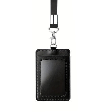 Black PU Leather ID Card Holder Set of 10 | Work Badge & Access Card Sleeve with Lanyard or Retractable Reel Clip Lanyard