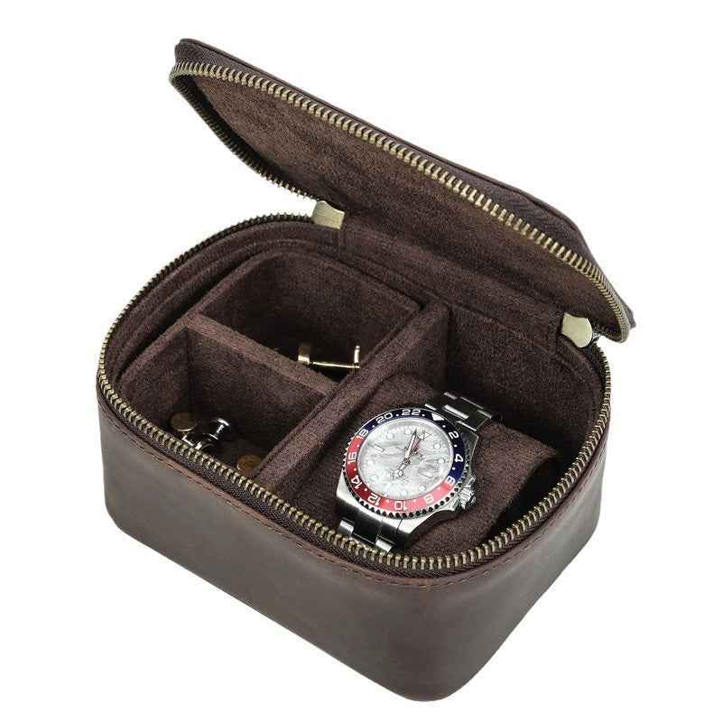 Genuine Leather Watch Travel Case with Double Metal Zippers