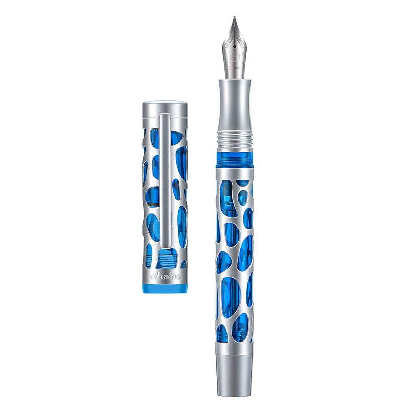 Asvine V169 Metal Hollow-Out Fountain Pen | Vacuum Filling Silve Blue