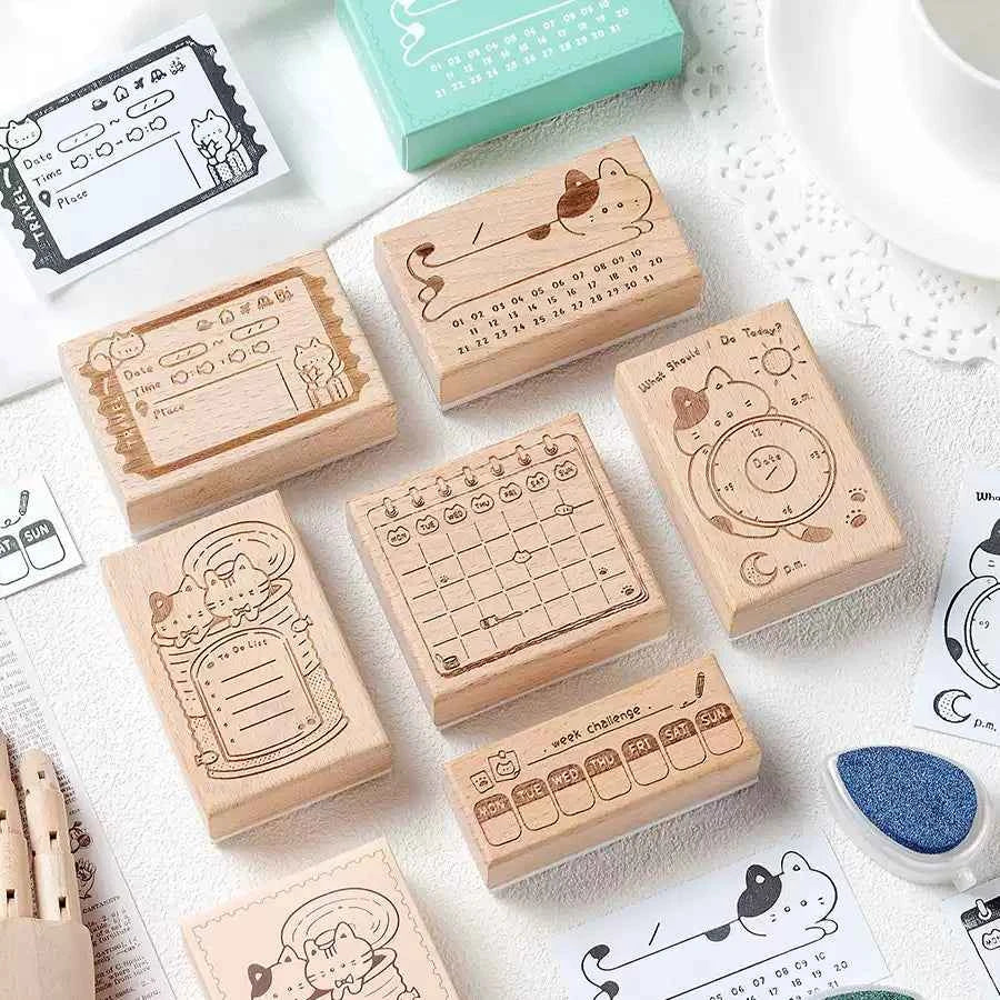 Wooden Time Planning Table Stamps Cat Memo 6 Pack
