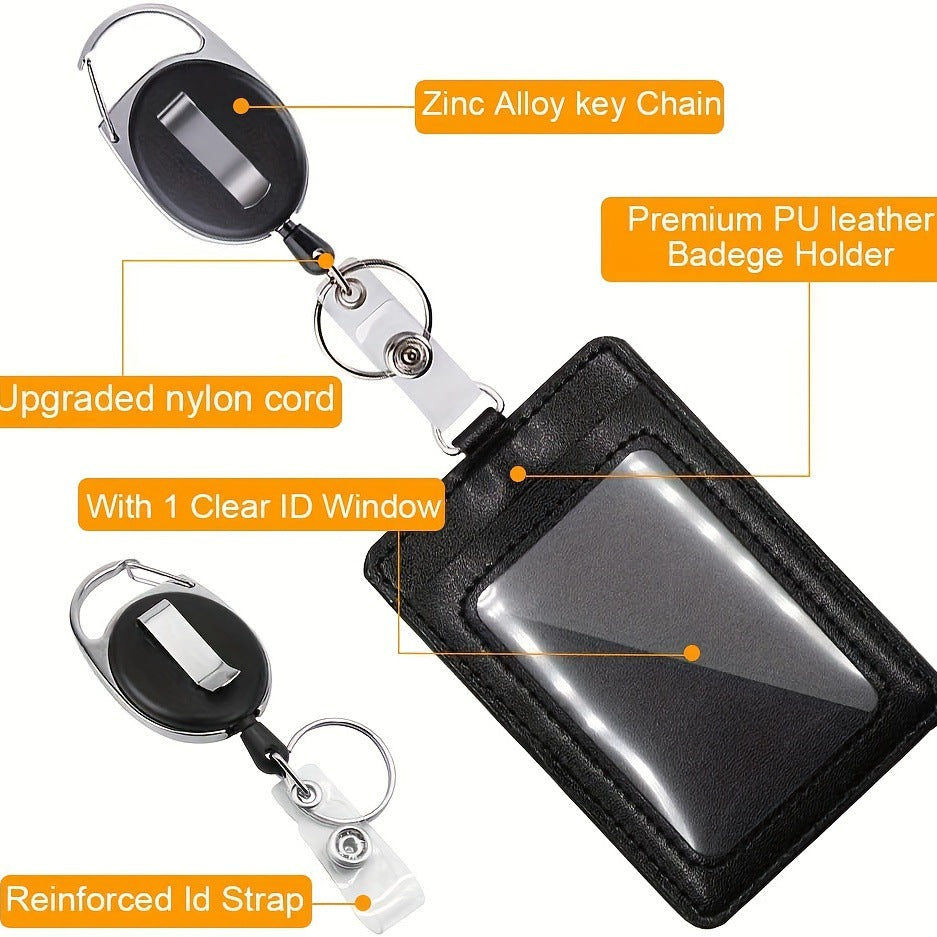 Black PU Leather ID Card Holder Set of 10 | Work Badge & Access Card Sleeve with Lanyard or Retractable Reel Clip