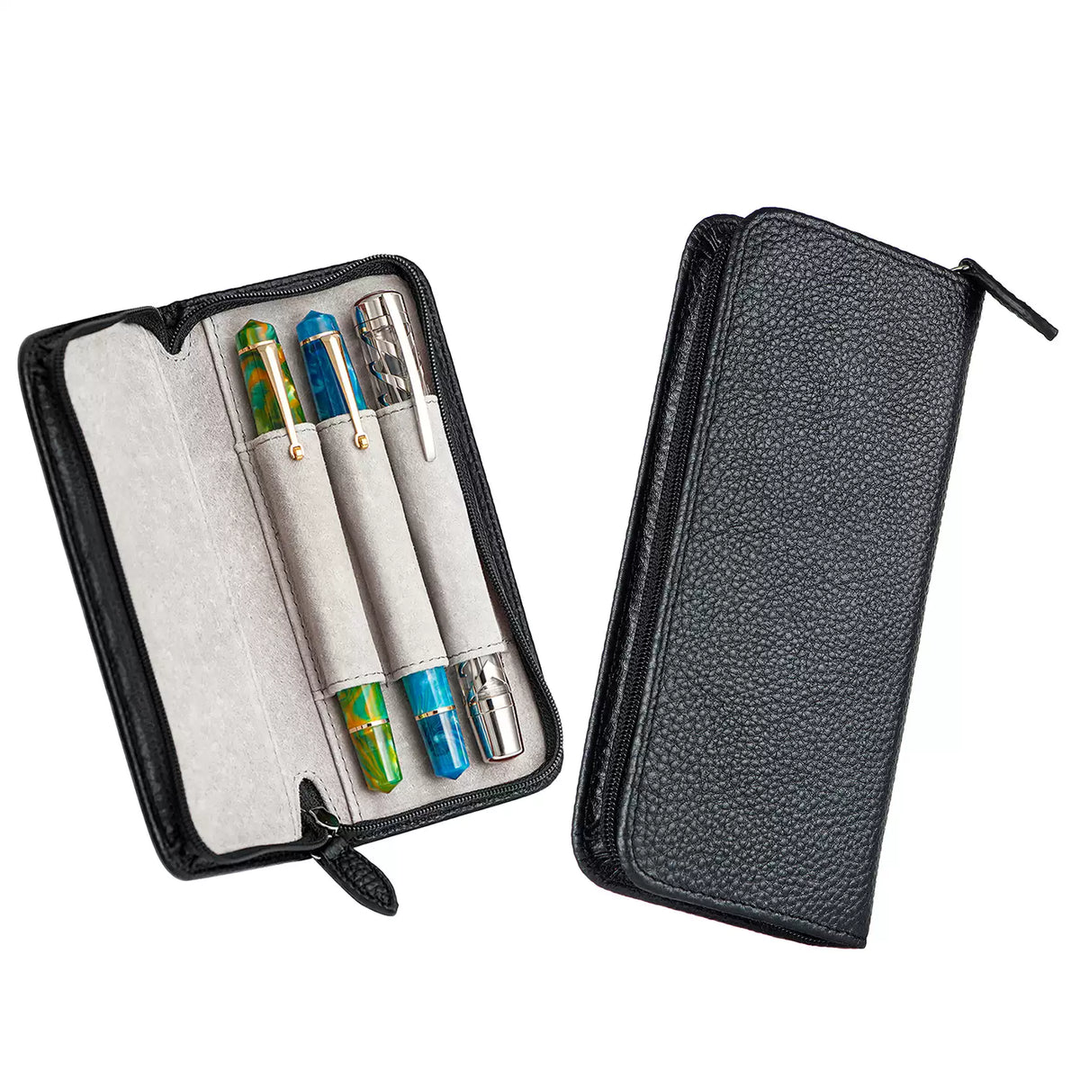 Asvine 3-Pen Top-Grain Cowhide Leather Zipper Fountain Pen Case