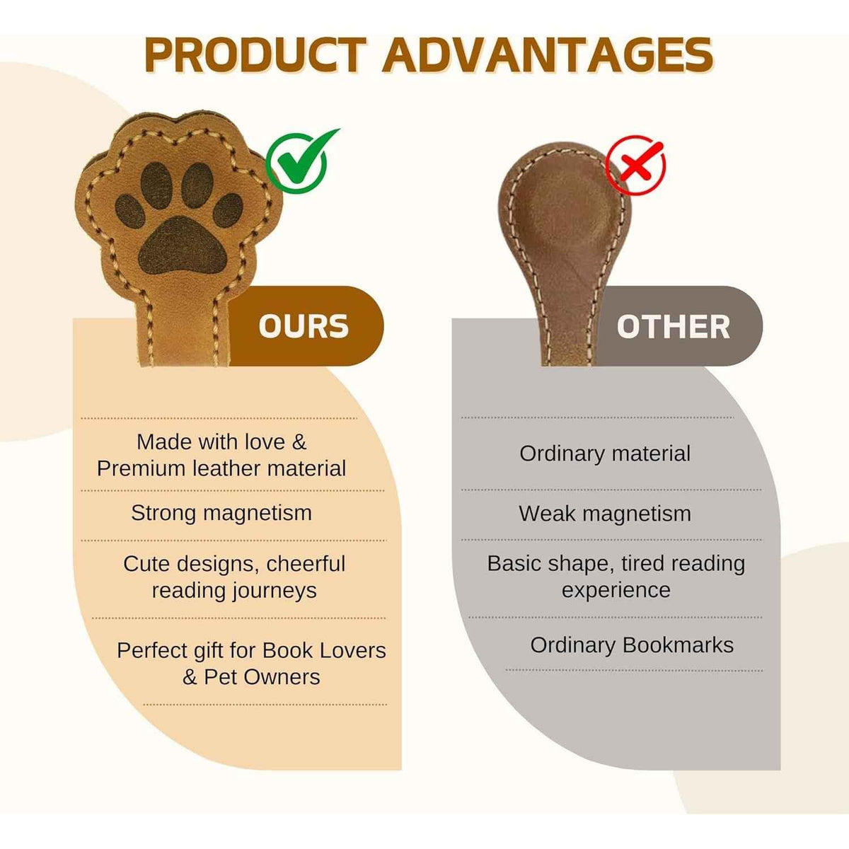3PCS Paw Shaped Magnetic Leather Bookmarks for Pet Lovers