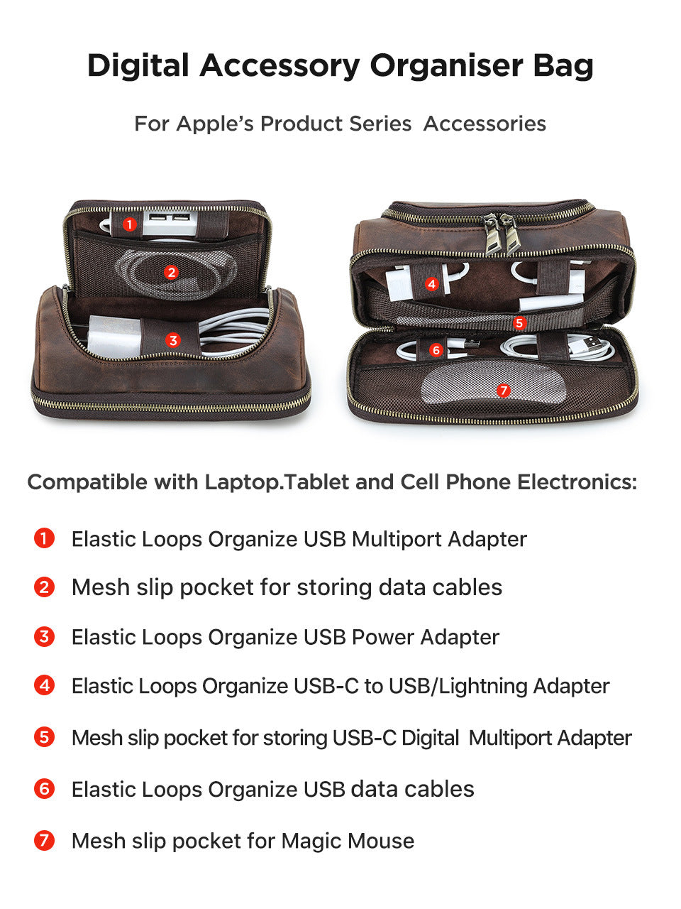 Leather Tech Organizer Bag Cable & Power Bank Carry Case for Apple Accessories
