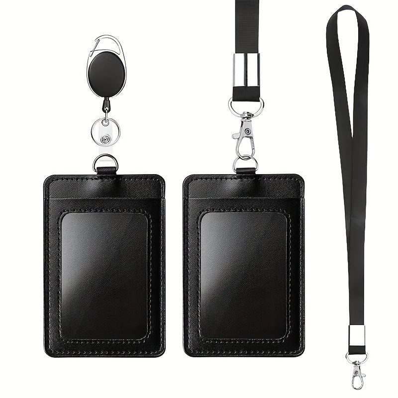 Black PU Leather ID Card Holder Set of 10 | Work Badge & Access Card Sleeve with Lanyard or Retractable Reel Clip