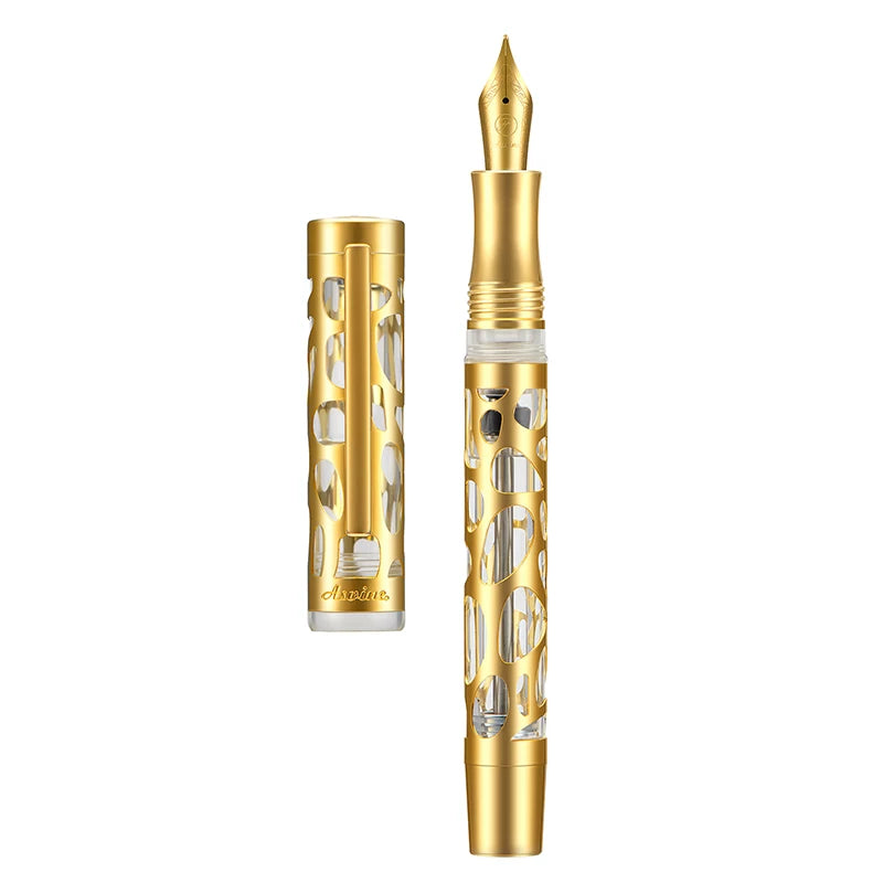Asvine V169 Metal Hollow-Out Fountain Pen | Vacuum Filling Gold Clear