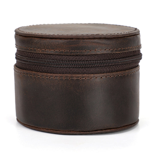 Single Watch Round Leather Box | Vintage Cowhide Zipper Travel Watch Case