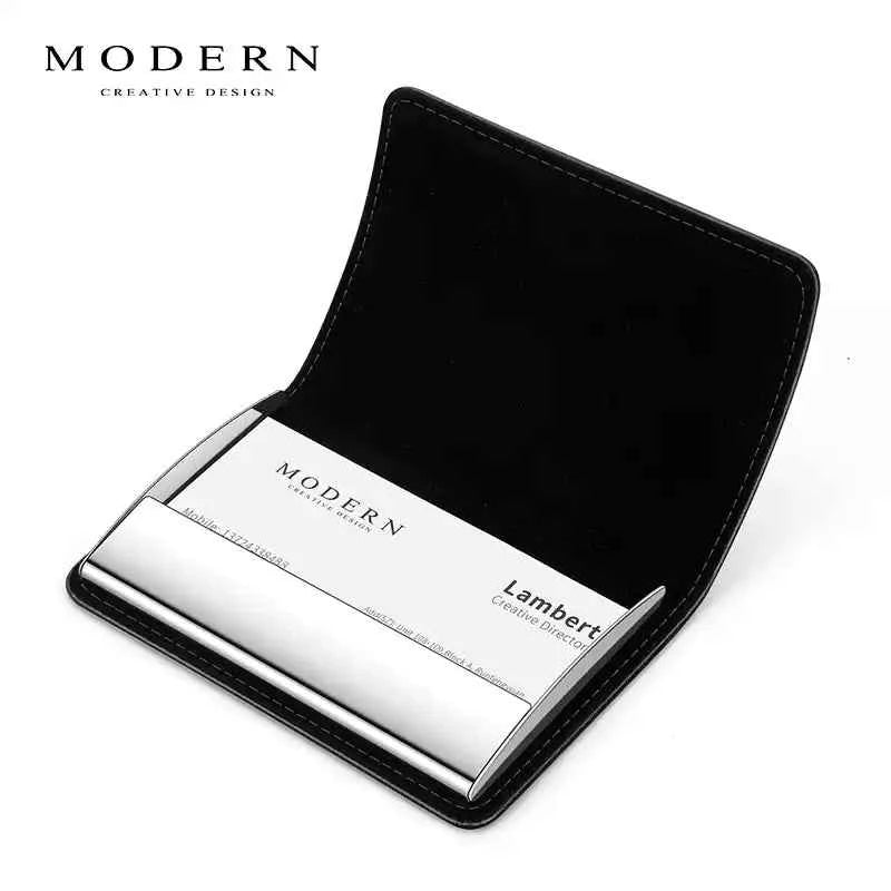MODERN Black Leather & Stainless Steel Business Card Holder