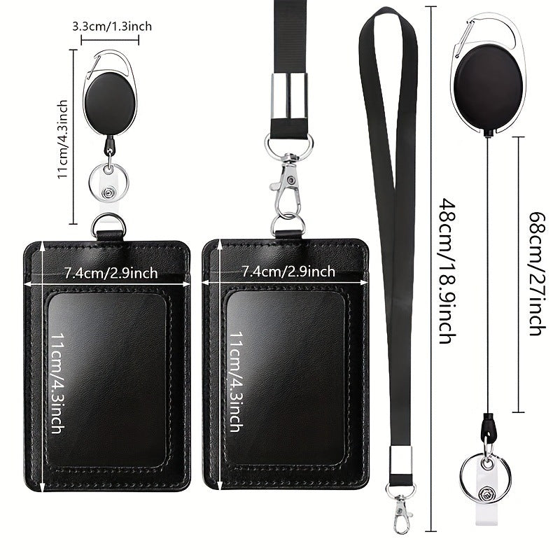 Black PU Leather ID Card Holder Set of 10 | Work Badge & Access Card Sleeve with Lanyard or Retractable Reel Clip