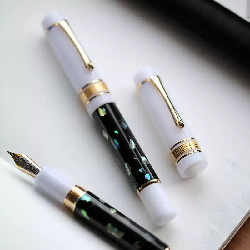 MAJOHN M400 Mother-of-Pearl Resin Fountain Pen Black & White EF Nib Luxury Gift Pen