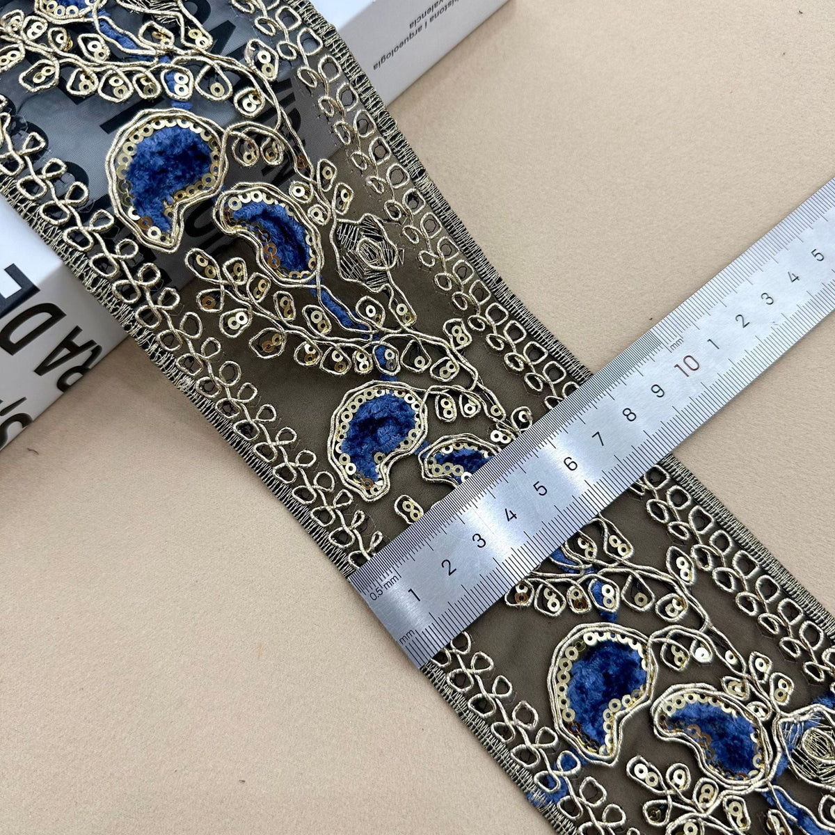 10 Yards 8CM Wide Ethnic Sequin Embroidery Lace Trim Navy