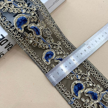 10 Yards 8CM Wide Ethnic Sequin Embroidery Lace Trim Navy
