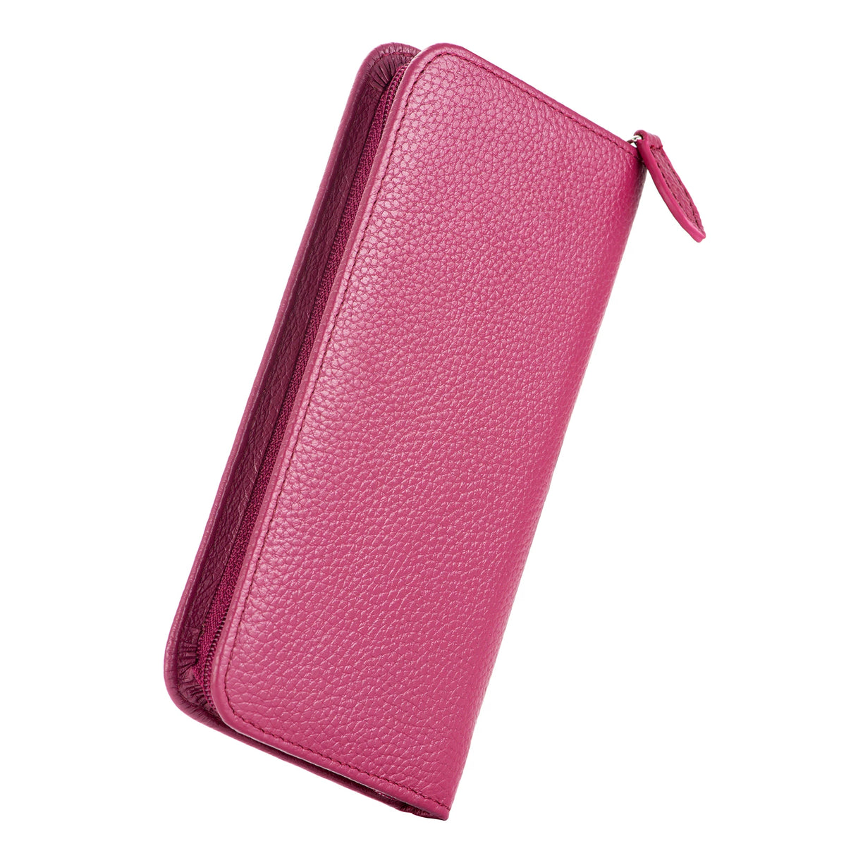 Asvine 3-Pen Top-Grain Cowhide Leather Zipper Fountain Pen Case Rose Red