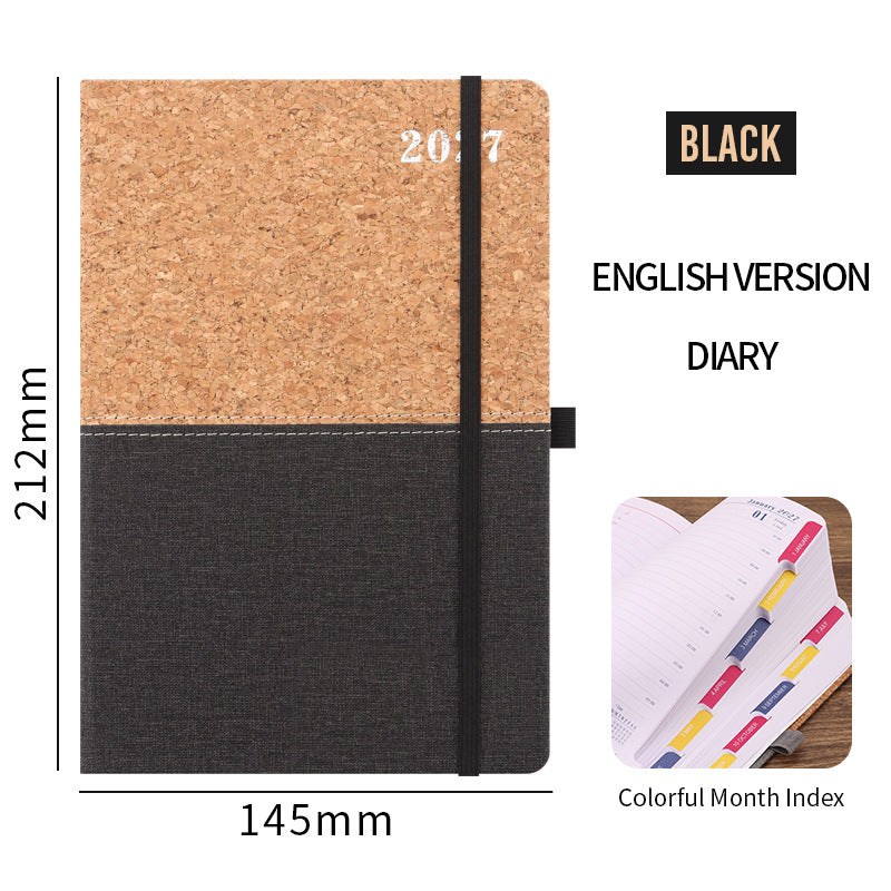 2027 A5 Planner & Business Notebook, Cork & Faux Leather Patchwork Cover, 152 Sheets, 145 × 210mm Black