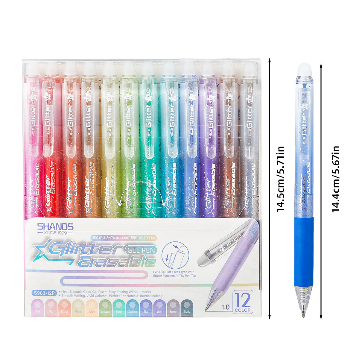 12-Color Glitter Erasable Gel Pen Set | 1.0mm Retractable, Heat-Sensitive Quick-Dry Ink