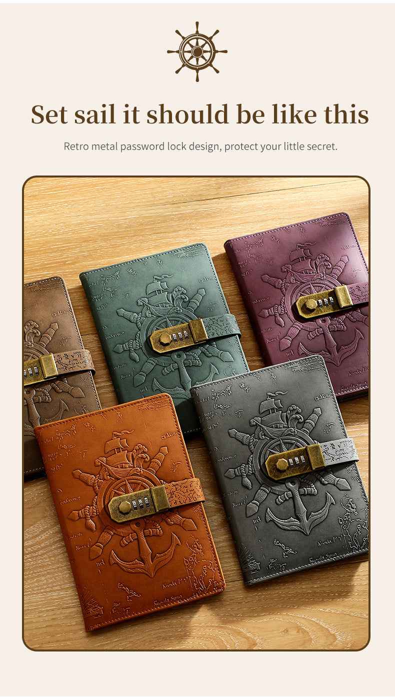Retro Pirate Lock Diary 3D Carved European Style Locked Notebook A5