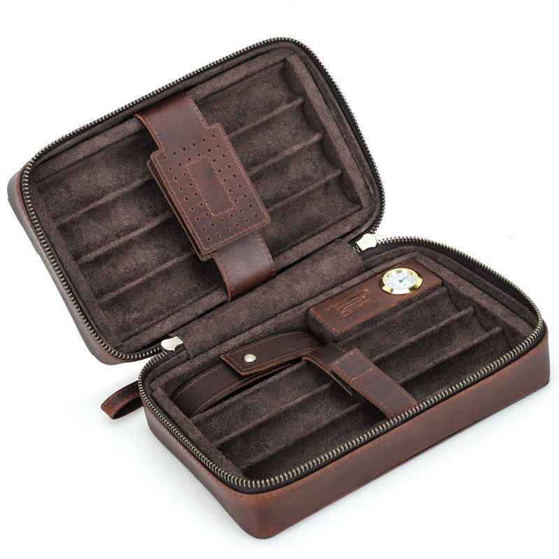 7-Stick Genuine Leather Portable Cigar Case with Hygrometer
