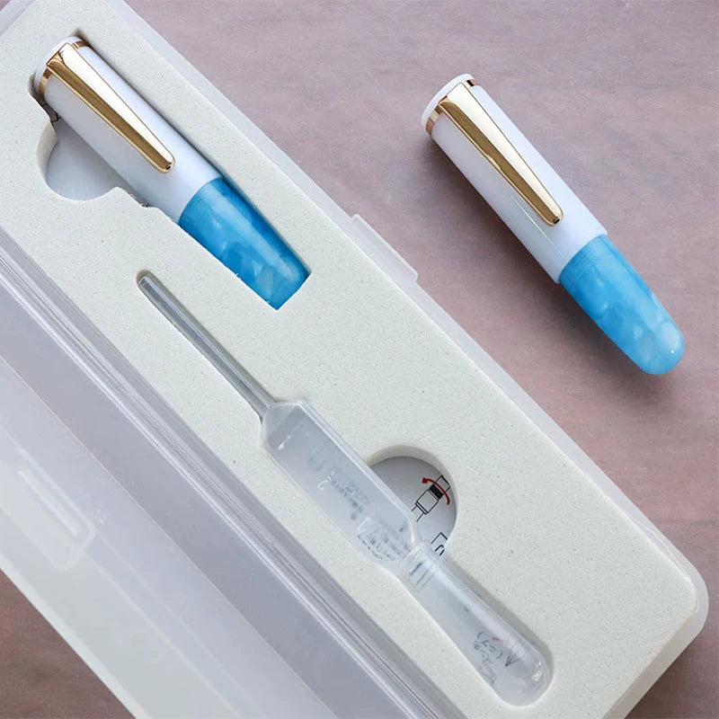 Wancher Super Mini Fountain Pen - 65mm Pocket Eyedropper Pen with Vivid Acrylic Barrel and Pipette Blue White