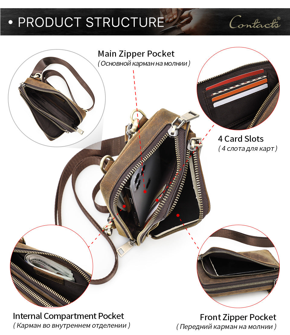 Vintage Crazy Horse Leather Phone Bag – Crossbody, Shoulder & Belt Waist Pack