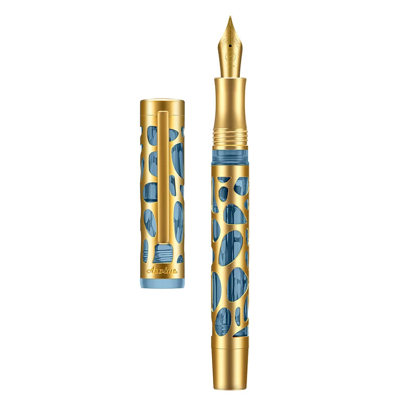 Asvine V169 Metal Hollow-Out Fountain Pen | Vacuum Filling Gold Fog Blue