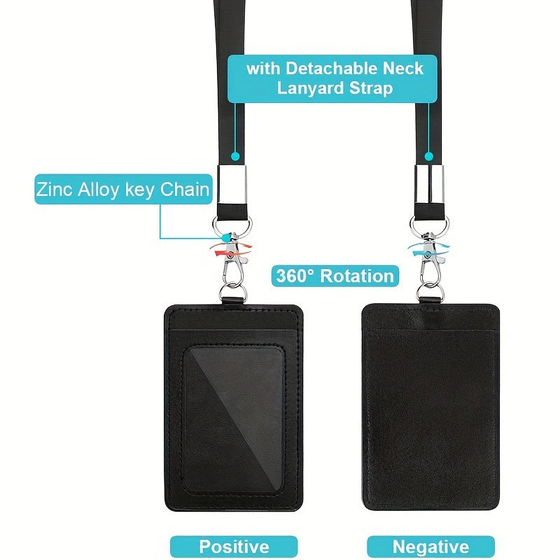 Black PU Leather ID Card Holder Set of 10 | Work Badge & Access Card Sleeve with Lanyard or Retractable Reel Clip