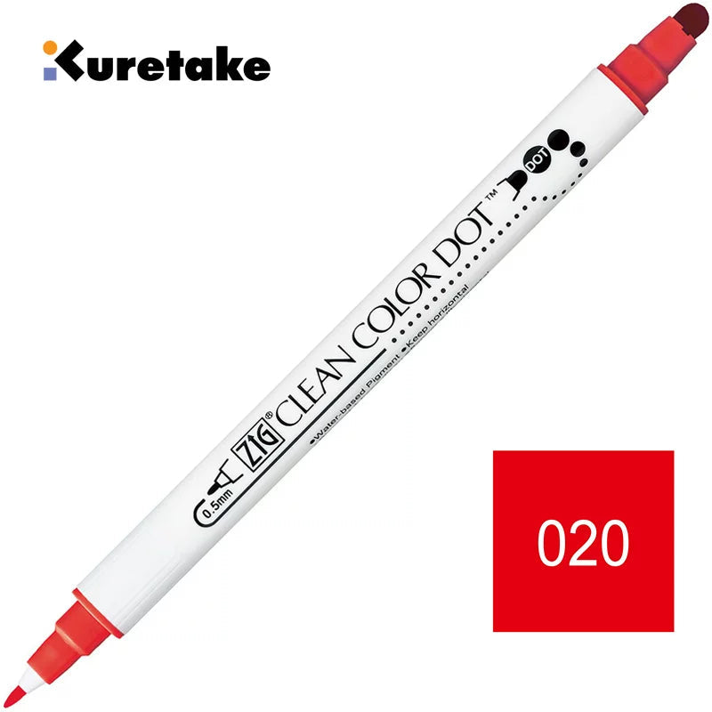Kuretake ZIG Clean Color Dot TC-6100 – 2-Pack | Dual-Tip Dot & Brush Watercolour Marker | Journal / Illustration / Hand-Lettering | Japan Kuretake 020 Red