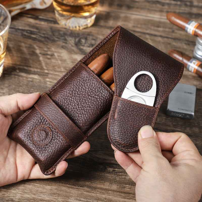 Full Grain Leather Portable 3 Cigars Case with Cigar Cutter Slot