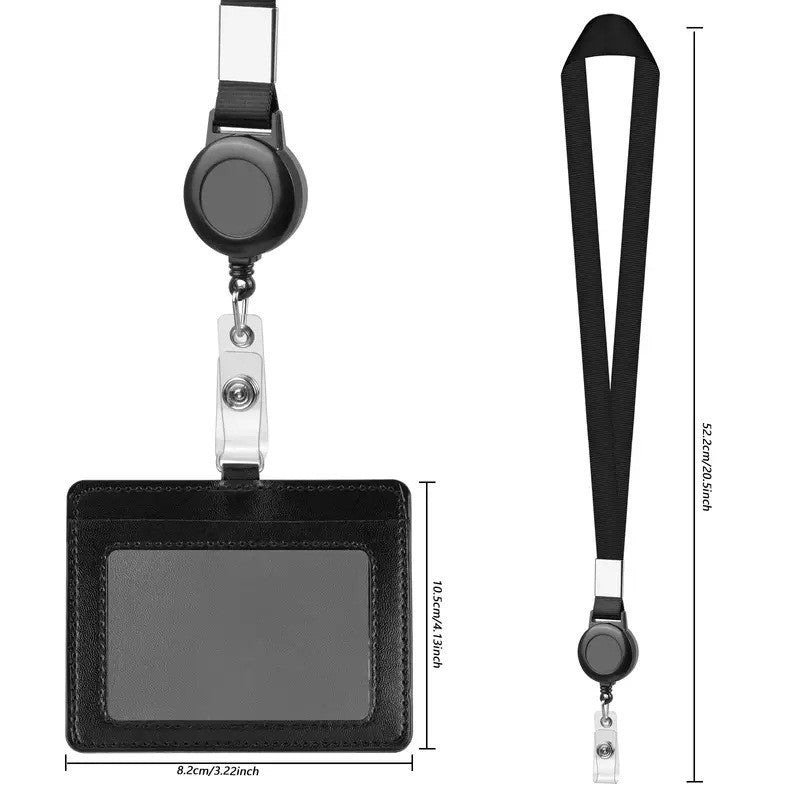 Black PU Leather ID Card Holder Set of 6 | Work Badge & Access Card Sleeve with Lanyard & Retractable Clip — Horizontal or Vertical