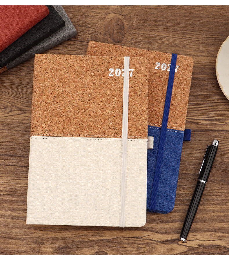 2027 A5 Planner & Business Notebook, Cork & Faux Leather Patchwork Cover, 152 Sheets, 145 × 210mm
