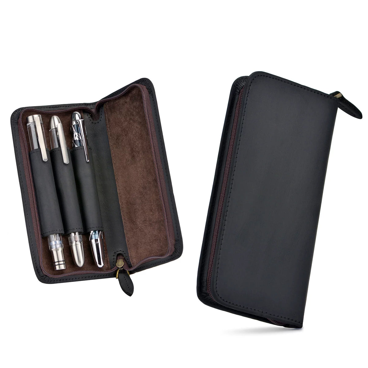 Asvine 3-Pen Crazy Horse Leather Zipper Fountain Pen Case Black