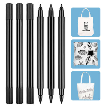 6pcs Black Dual-Tip Fabric Markers Brush & Fine Tip for DIY Clothing,Canvas & Textile Art