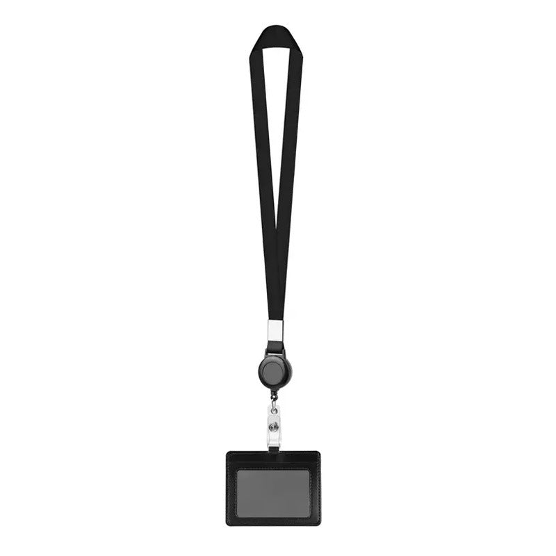 Black PU Leather ID Card Holder Set of 6 | Work Badge & Access Card Sleeve with Lanyard & Retractable Clip — Horizontal or Vertical Horizontal