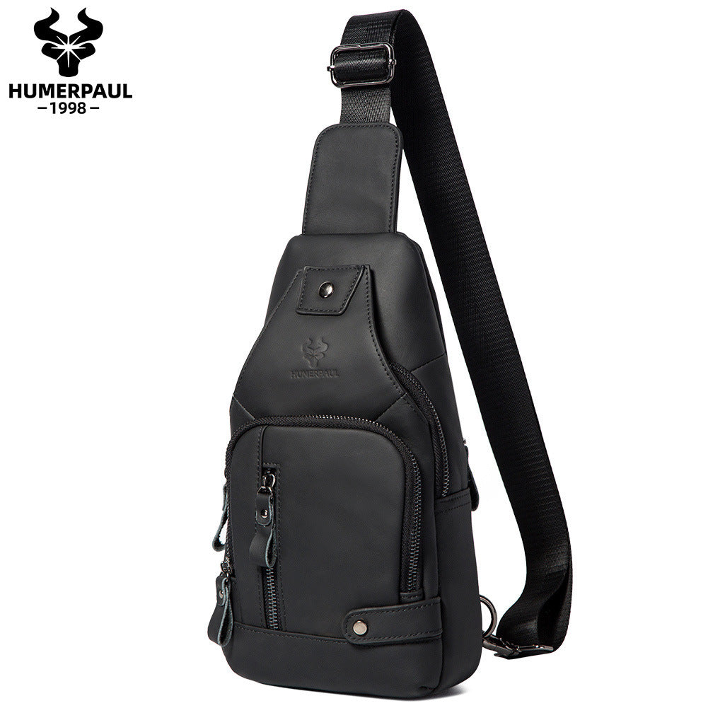Men's Genuine Leather Chest Bag Full Grain Cowhide Sling Black