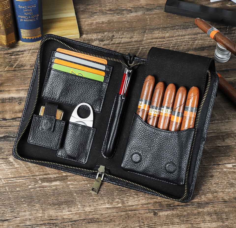 Genuine Leather Portable 5 Cigar Storage Case with Pen Holder