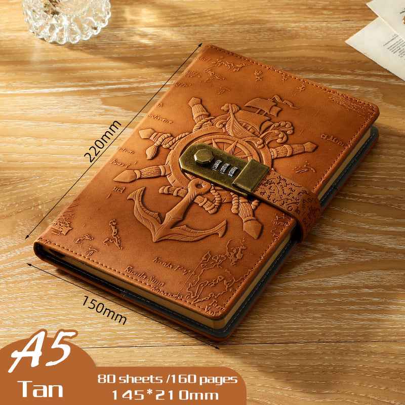 Retro Pirate Lock Diary 3D Carved European Style Locked Notebook A5