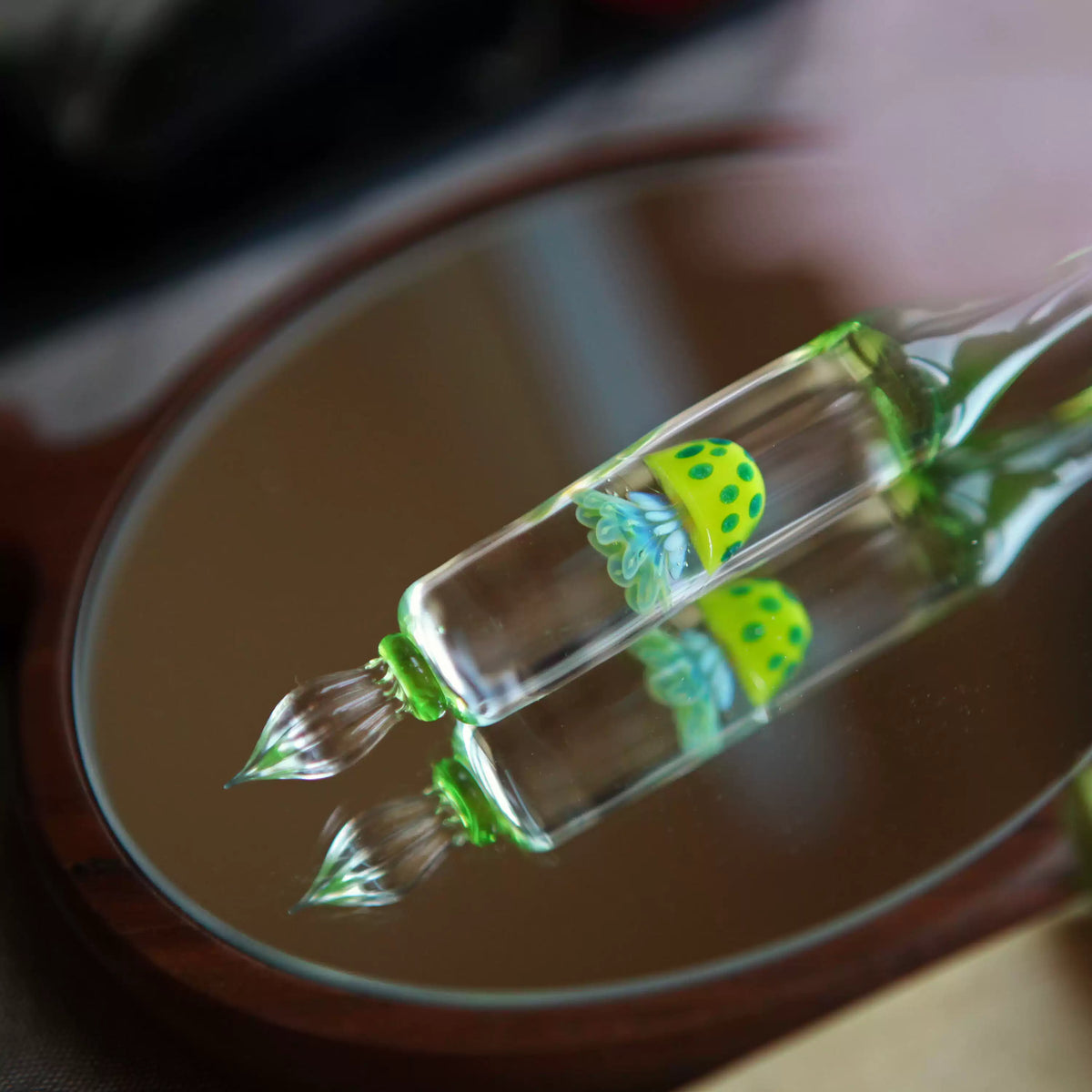Lemon Green Jellyfish Glass Dip Pen – Transparent Art Glass Nib Pen for Ink Swatching & Calligraphy