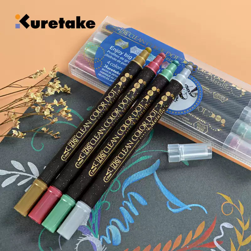 Kuretake ZIG Clean Color Dot Metallic TC-8100 – 2-Pack | Dual-Tip Metallic Dot & Brush Watercolour Marker | Journal / Illustration / Craft | Japan Kuretake ZIG