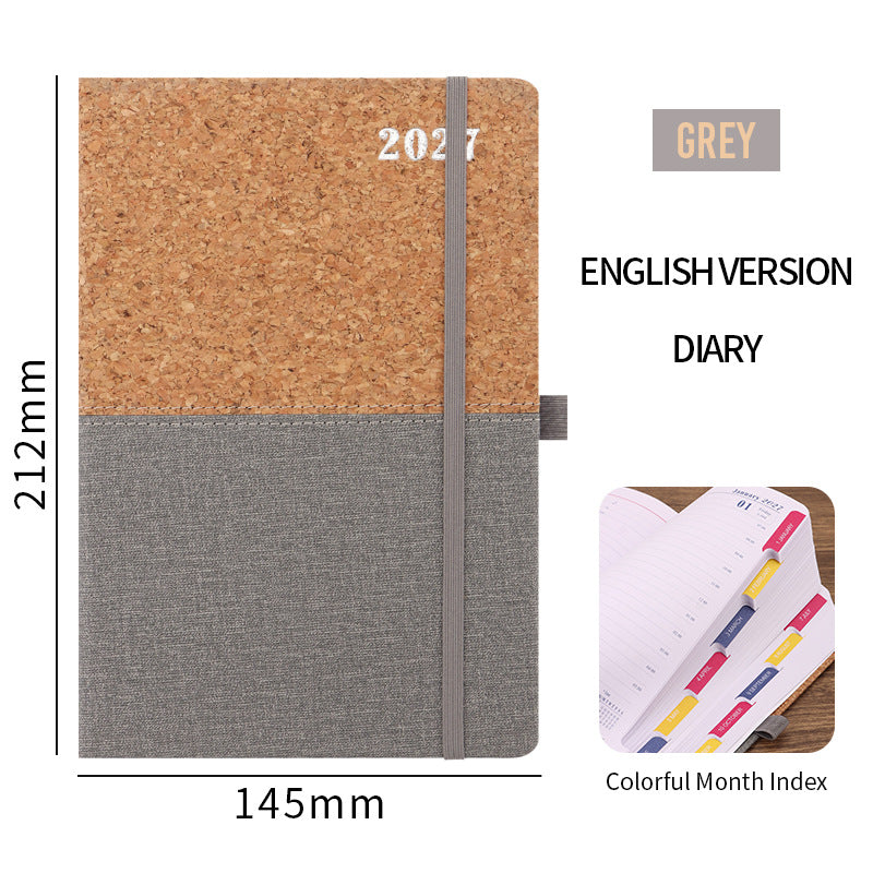 2027 A5 Planner & Business Notebook, Cork & Faux Leather Patchwork Cover, 152 Sheets, 145 × 210mm Grey