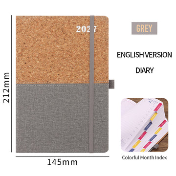 2027 A5 Planner & Business Notebook, Cork & Faux Leather Patchwork Cover, 152 Sheets, 145 × 210mm Grey