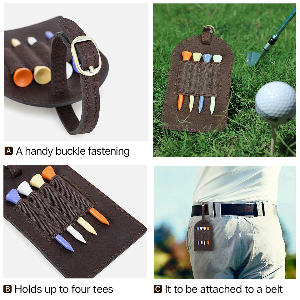 Leather Golf Ball Tee Holder – Coffee Brown Belt Clip Waist Tag Pouch Holds 4 Tees