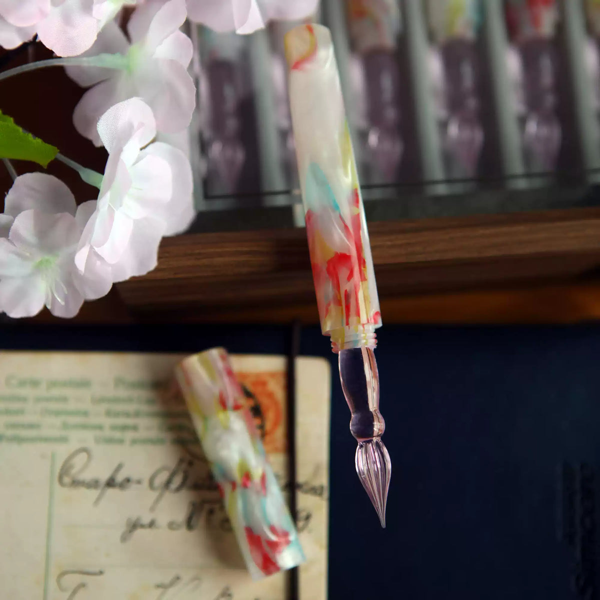 White Floral Handmade Acrylic Dip Pen with Glass Nib – Botanical Journal & Calligraphy Pen