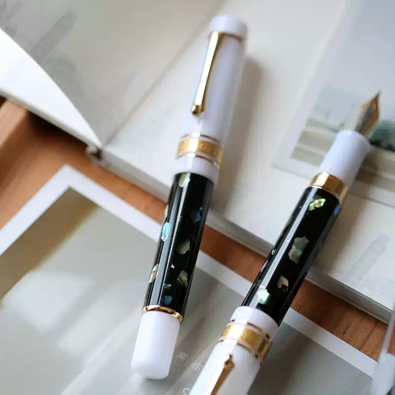 MAJOHN M400 Mother-of-Pearl Resin Fountain Pen Black & White EF Nib Luxury Gift Pen