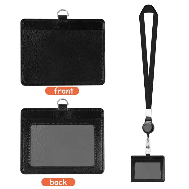 Black PU Leather ID Card Holder Set of 6 | Work Badge & Access Card Sleeve with Lanyard & Retractable Clip — Horizontal or Vertical
