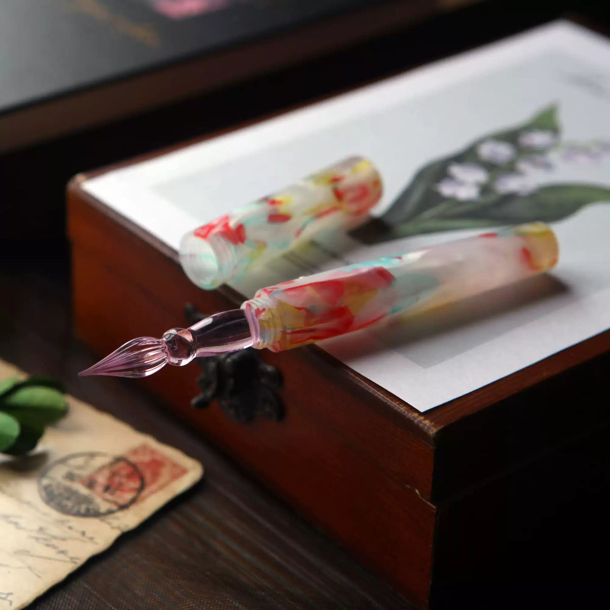 White Floral Handmade Acrylic Dip Pen with Glass Nib – Botanical Journal & Calligraphy Pen