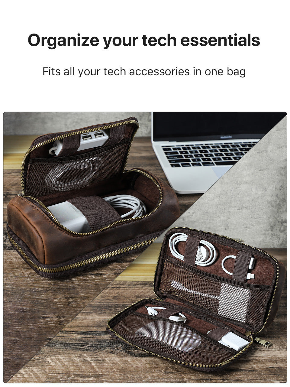 Leather Tech Organizer Bag Cable & Power Bank Carry Case for Apple Accessories