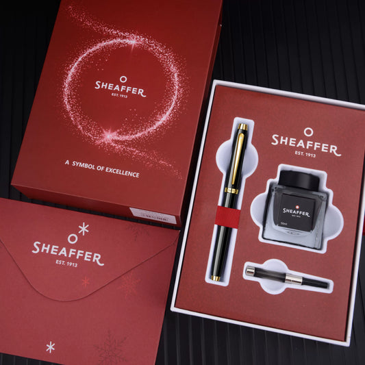 Sheaffer 100 Fountain Pen Gift Set – Fine Nib (~0.5mm), Gold Clip, Converter & Ink | Polished Chrome / Black Lacquer / Dark Blue-Grey Black Lacquer